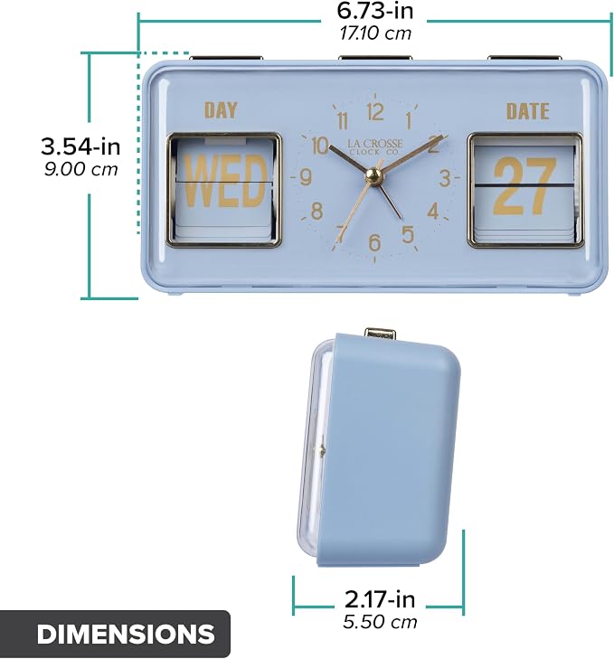 La Crosse Clock 636-379BL Daily Flip Blue Periwinkle Tabletop Alarm Clock with Calendar