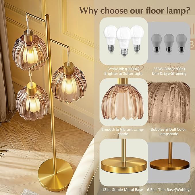 Floor Lamp for Living Room, 3 Light Standing Lamp Mid Century Modern Gold Tree Tall Floor Lamps Vintage Retro Floor Lights Glass Flower Lamp Shade Farmhouse Boho Bohemian