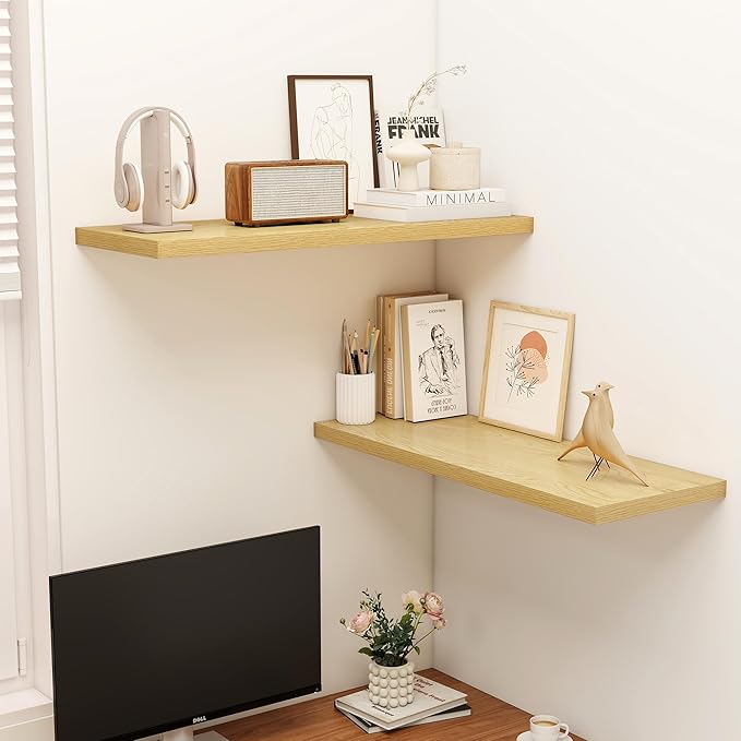 Dreamland 36" Floating Shelves for Wall, 12" Deep Slim Oak Floating Shelves, Wall-Mounted Shelves for Bedroom, Living Room, Kitchen, Bathroom - Set of 2