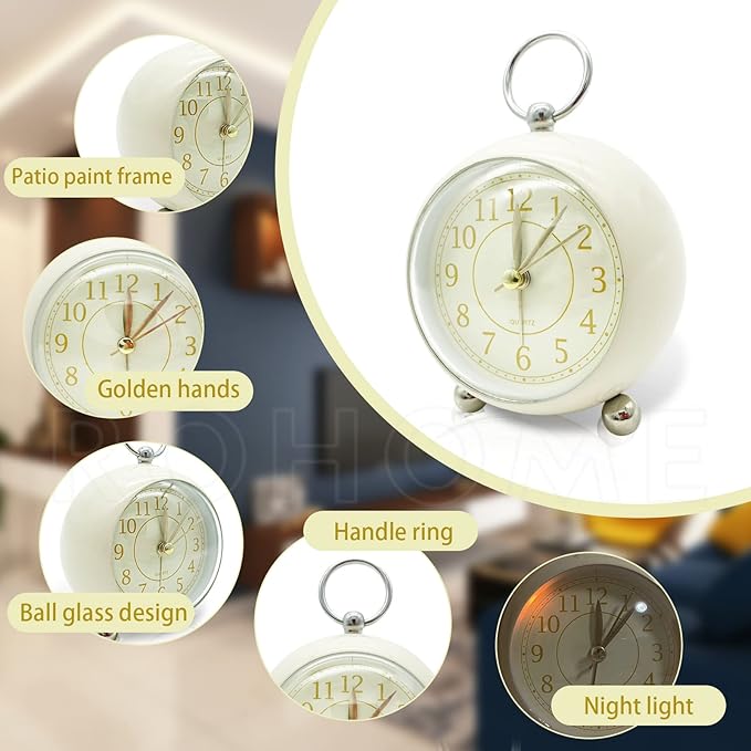 Rohome Vintage Small Alarm Clock with Night Light, Beige, Silent Quartz Movement, Non-Ticking, Decorative, for Bedside Table, Desk, Kitchen, Bedroom, Shelf, Nightstand, Wall Hanging (Beige)