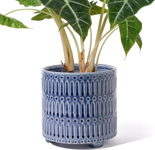 STHIE 5 Inch Ceramic Planters for Indoor Plants, Blue Cactus Snake Plant Pots with Drainage, Unique Design Round Flower Pot for Home Decoration