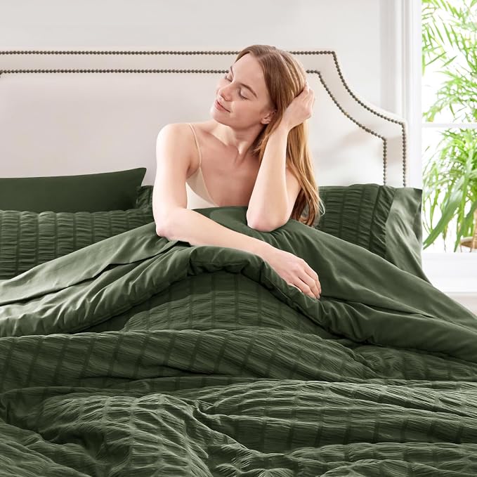 CozyLux Twin XL Comforter Set 5 Pieces, College Dorm Olive Green Seersucker Twin Extra Long Bed in a Bag, Down Alternative Bedding Set with Comforter, Sheets, Pillowcase & Sham, Back to School Gift