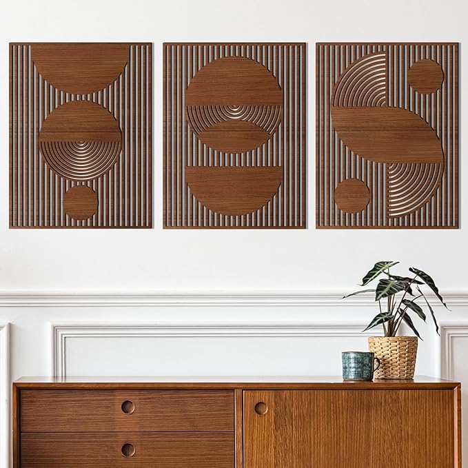 Homenthus 3 Pcs Abstract Wood Wall Art, Mid Century Modern Geometric Wood Wall Decor Minimalist Wooden Wall Art Decor Panels for Boho Living Room Bedroom Kitchen Dining Room Office Home Wall Decor