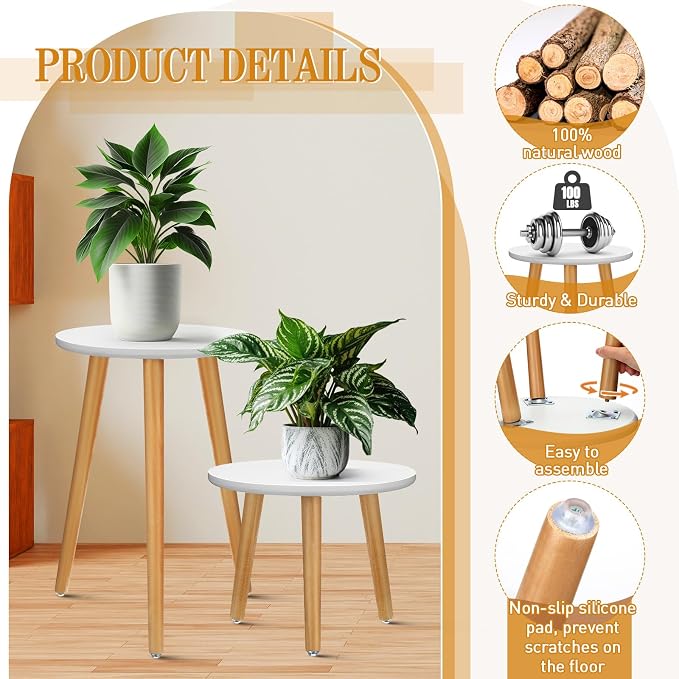 Briwooody 2 Pcs Indoor Plant Stand Mid Century Vintage Wood Modern Flower Pots Holder Round Side Table End Table Plant Stools for Living Room Corner Balcony Decor (White)