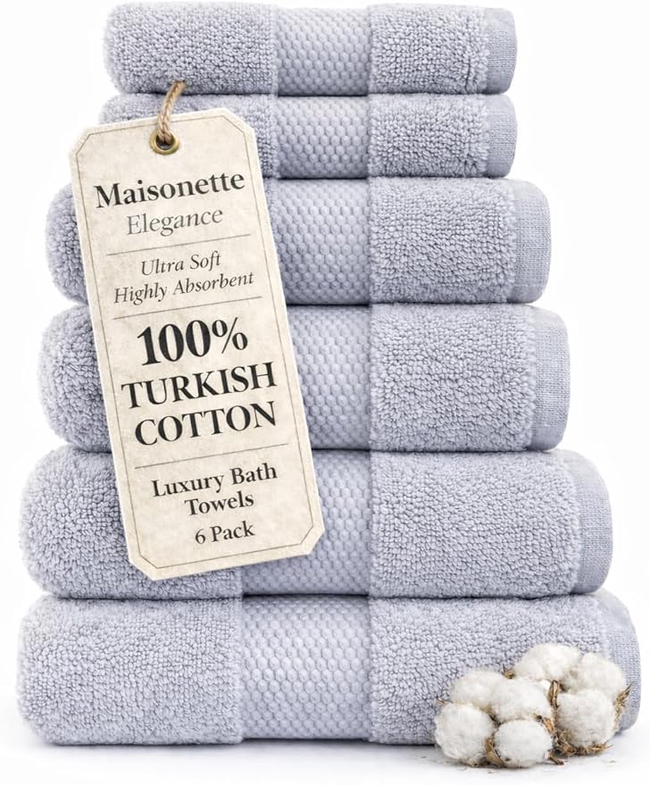 Maisonette Elegance 100% Organic Cotton Turkish Bathroom Towels Set, Ideal Quick Dry Luxury Washcloths, Hand & Large Luxury Bath Towels for Shower (6 Pack), Light Gray (Shore)