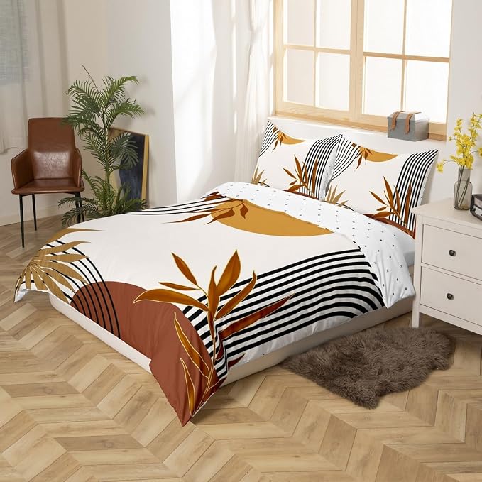 Erosebridal Mid Century Boho Comforter Cover Full for Kids Boys Girls,Abstract Modern Sun Duvet Cover,Minimalist Golden Leaves Bedding Set,Geometric Aesthetic Bed Set 3 Pcs Bedroom Decor