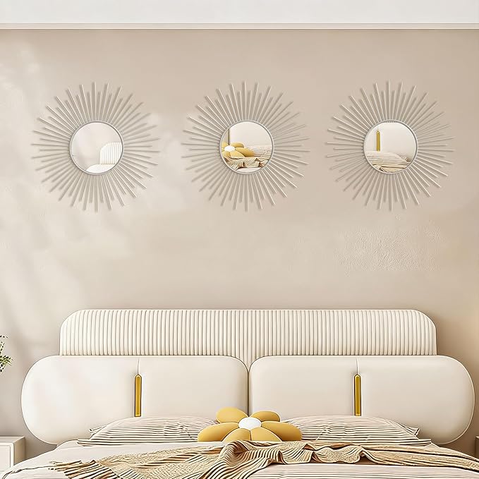 3 Pack Metal Mirrors for Wall Sunburst Wall Mirrors Home Décor Decorative Hanging Wall Art for Living Room Bedroom Entryway (White, Sunburst)