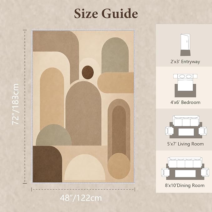 Neutral Geometric Area Rug 4x6, Mid Century Modern Abstract Rug, Soft Taupe Beige Color Block Washable Low Pile Non Slip Rug for Living Room Bedroom