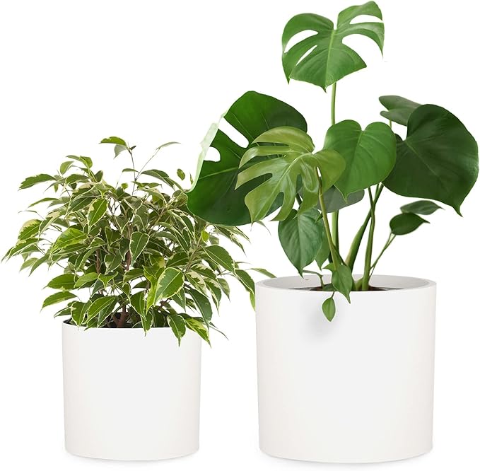 Fox & Fern Large Indoor Planter, Modern Large Plant Pot for Indoor or Outdoor, UV and Frost Resistant - Set of 2: 12 and 14.6 Inch, Fiberstone, White Flower Pot with Drainage Plug, Lightweight