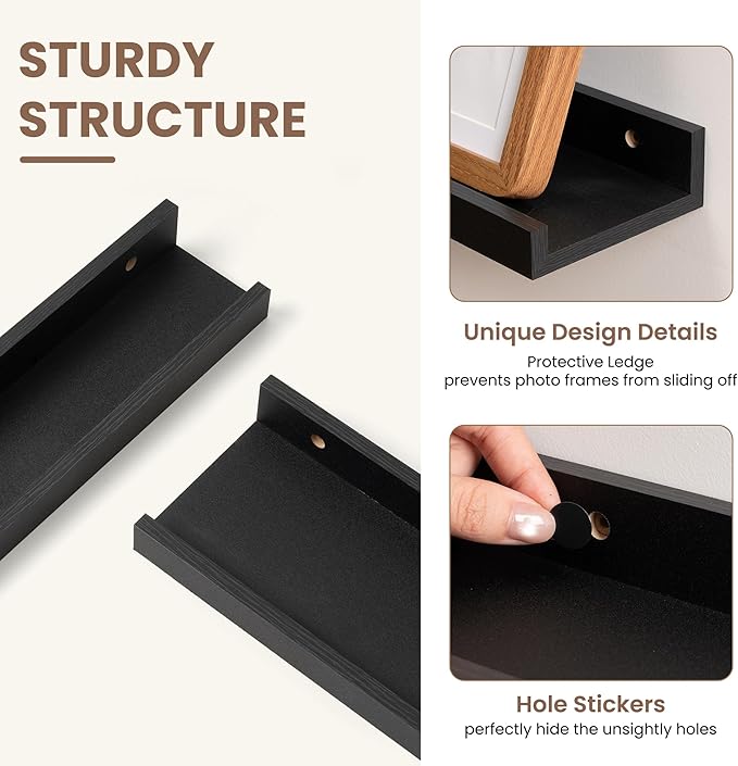 Fun Memories Picture Ledge Shelf, Black Floating Shelves Set of 4, 48 Inch Picture Shelves for Wall with Ledge, Large Nursery Book Shelf for Toys Storage, Living Room, Bedroom Decor Frames