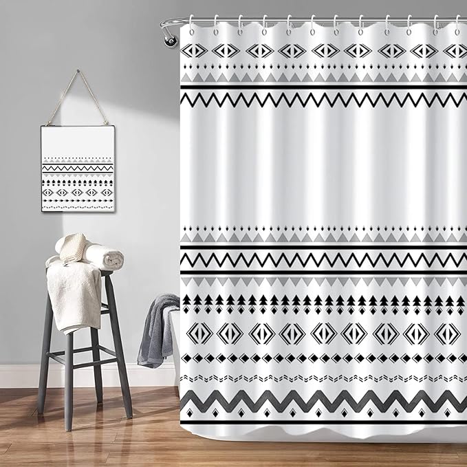 Abstract Pattern Bathroom Shower Curtain White Black Stripes Wave Waterproof Polyester Shower Curtains with Hooks Geometric Shower Curtain for Modern Home Decorative, 72x72 Inch