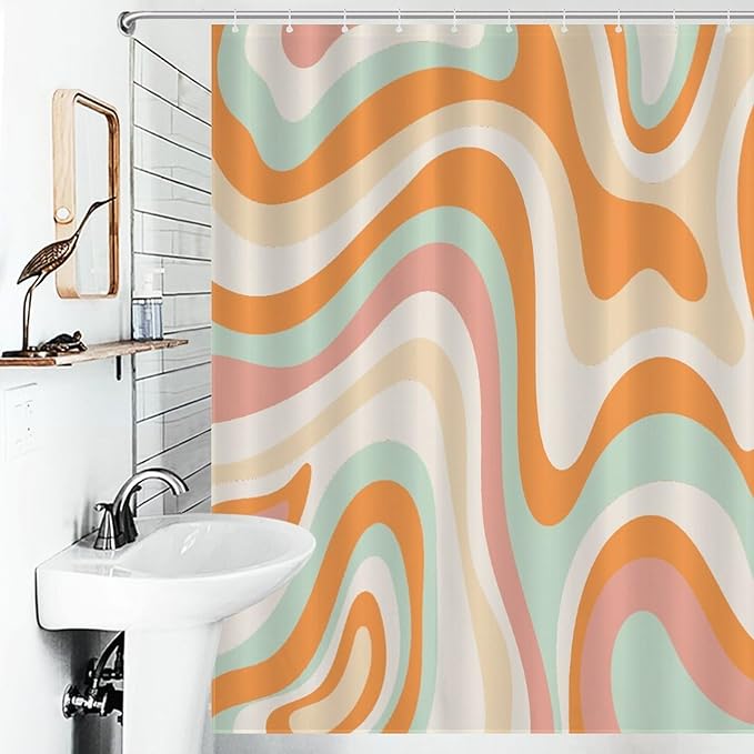 70s Swirl Shower Curtain for Bathroom, Retro Hippie Groovy Orange Colorful Wave Abstract Funky Trippy Vintage Boho Aesthetic Waterproof Fabric Shower Curtain Set with Hooks, 72"x84"