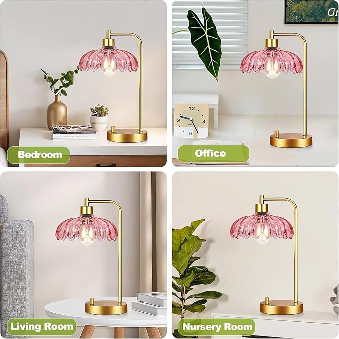 Pink Table Lamp Set of 2,Small Gold Bedside Lamps Dimmable Boho Bedroom Lamp with Tulip Flower Glass Lamp Shade,Vintage Mid Century Modern Mini Nightstand Lamp for Bedroom Living Room