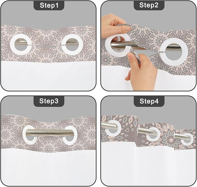 No Hook Shower Curtain with Snap in Fabric Liner Set, Waterproof Bath Curtain with Stylish Gray Floral Design, Mandala Pattern with See Through Top Window, 71x74 Inches