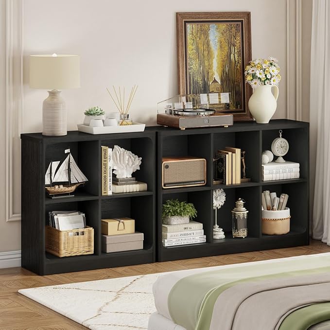 FATORRI 4 Cube Storage Bookcase, Rustic Wood Cube Bookcase Shelf Organizer, Small Storage Bookshelf for Living Room, Bedroom, Office (Black, 29.53" W)