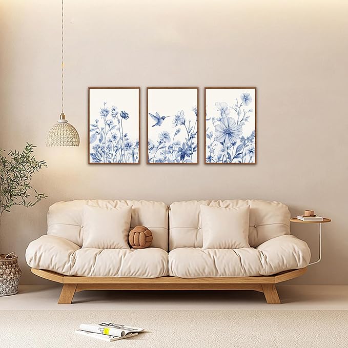 HLNIUC Blue Flower Bird Wall Art Set,Large Canvas Wall Art Blue White Wildflower Poster,Farmhouse Vintage Blue Bird Blossoms Canvas Painting,Botanical Floral Art Print for Living Room Bedroom-16"x24"x3