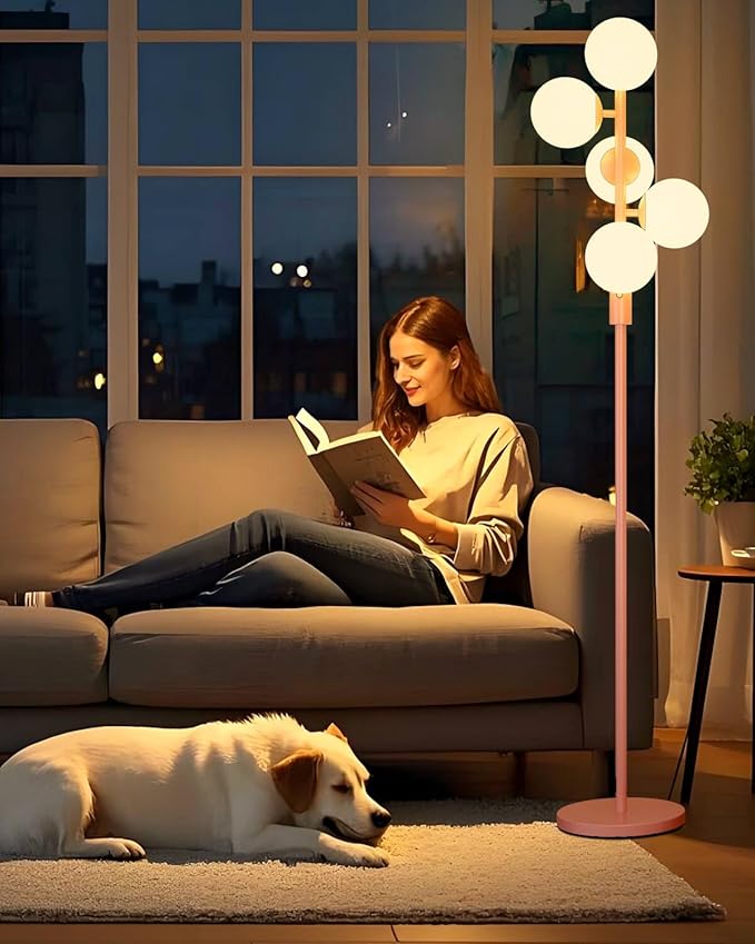 Lightdot Dimmable (Brightness Adjustable) Globe Floor Lamp, Retro Pink Pole Standing Lamps with 5PCS Bulbs Included, Mid Century Modern Floor Lamp for Living Room/Bedroom/Sofa Beside/Corner Decor