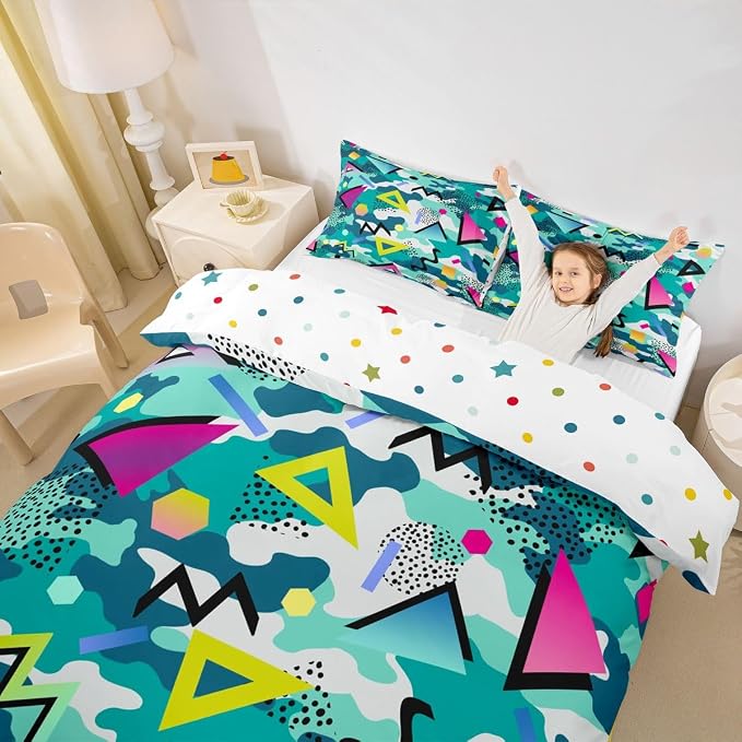 Mens Boys Retro 80s 90s Memphis Comforter Cover Set Full Size,Geometric Round Triangle Shapes Artwork Duvet Cover Colorful Graphic 80s 90S Style Bedding Set Abstract 1990s Memphis Home Decor