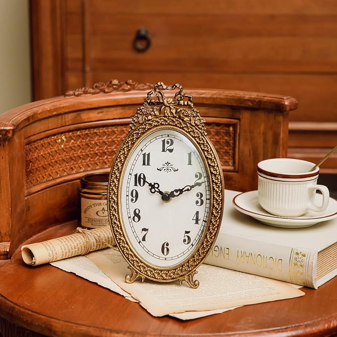 NIKKY HOME Gold Table Clock Silent Non-Ticking, Small Shelf Desk Top Clock Battery Operated Classic Home Decor for Fireplace Mantel, Desktop, Countertop