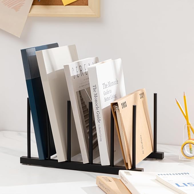 HBlife Black Desk File Organizer 5 Section Vertical File Sorter, 2 Pack Bamboo Binder & Folder Holder for Home, Office & School