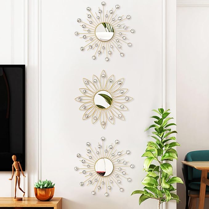 Uaussi 3 Pack Crystal Sunburst Wall Mirror Décor Rhinestone Mirrors Decorative Home Wall Art for Living Room Bedroom Entryway(Flower+Sunburst Gold)