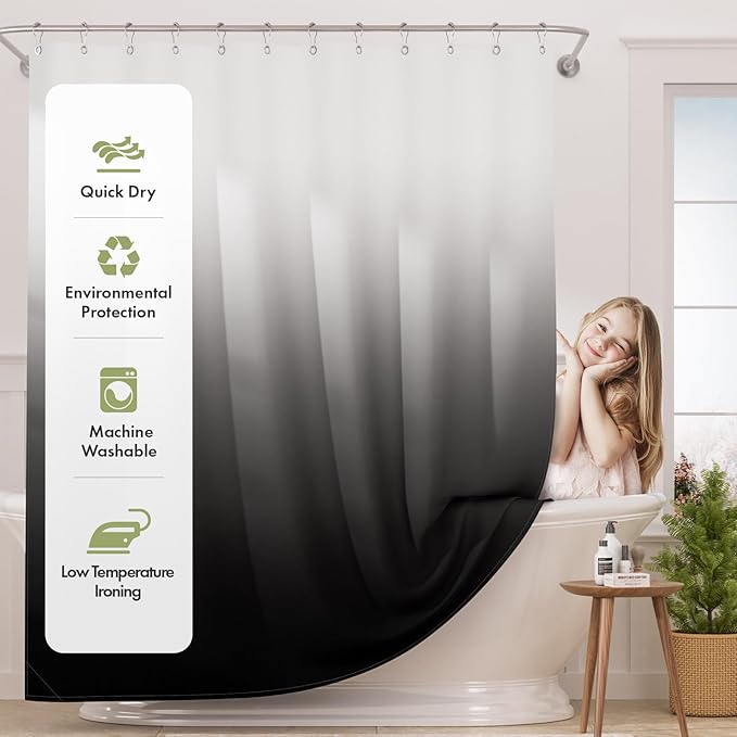 AmazerBath Shower Curtain, Ombre Black Fabric Shower Curtain Set with 12 Hooks, Farmhouse Cloth Black and White Shower Curtain, Washable Bathroom Shower Curtain Sets, 72x84 Inches