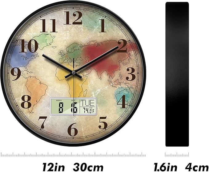 Vintage World Map Wall Clock, 12 Inch Silent Non-Ticking Battery Operated Analog Clock with LCD Date Day Temp Display, Decorative for Living Room, Bedroom, Kitchen, Study, Dining Room