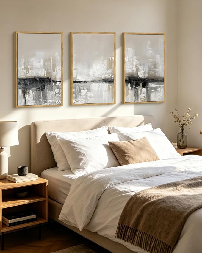 KUVIOKE Abstract Gray Framed Wall Art Neutral Brown Artwork Painting Morden Minimalist Wall Decor Rustic Home Decor 24x36in (Natural Framed)