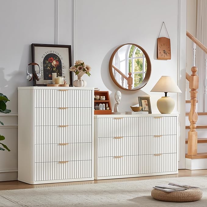 LEYAOYAO Fluted 5 Drawers Dresser Set of 2, 41" Tall Modern Chest of Drawers with Metal Handle, Curved Profile Dresser TV Stand, Wooden Drawer Organizer for Bedroom, Living Room, Hallway,Antique White