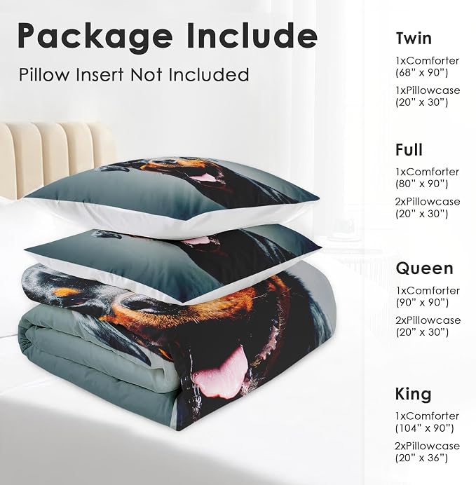 Comforter Set with 2 Pillowcases King Size, Cute Happy Grey Rottweiler Dog, Bed Decor Black Arctic Animal for Kids and Adults, Soft Cozy Bedroom Bedding Set
