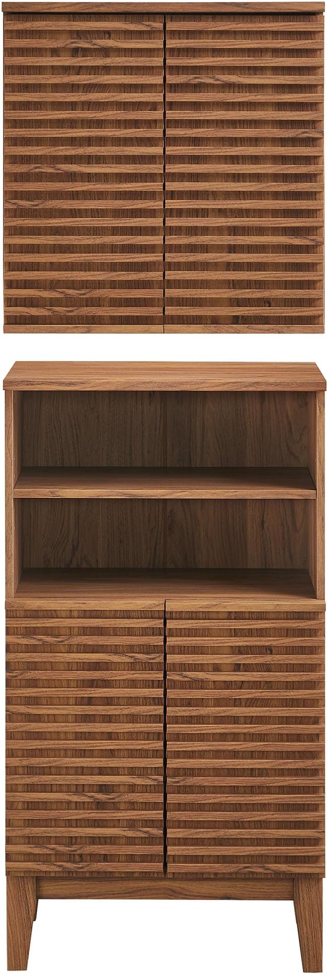 Modway Render Bathroom Cabinet Set in Walnut - Freestanding Linen Cabinet and Wall Mounted Storage with Slatted Doors, Adjustable Shelves