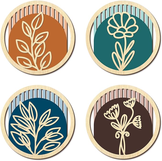 TOARTi 4Pcs Wooden Boho Floral Wall Art Set, Modern Minimalist Flower Wooden Hanging Sign,Bohemian Plants Artwork,Farmhouse Vintage Botanical Wall Decor for Living Room Bedroom Office Bathroom