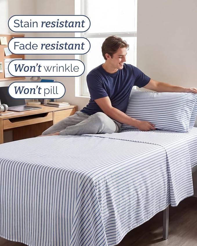 Twin XL Size 3 Piece Sheet Set - Comfy Breathable & Cooling Sheets - Hotel Luxury Bed Sheets for Women & Men - Deep Pockets, Easy-Fit, Soft & Wrinkle Free Sheets - Blue Stripes Oeko-Tex Bed Sheet Set