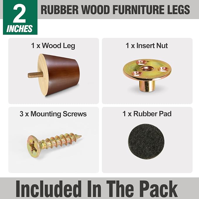 FoDau770 Brown Rubber Wood Furniture Legs 2 Inches, 5/16" UNC Straight Tapered Wood Feet Mid Century Sofa Legs, Wooden Furniture Feet Replacement Parts for Cabinet Couch Dresser Chair Ottoman Table
