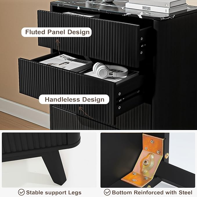 Fluted 5 Drawers Dresser for Bedroom, 47" Tall Handleless Chest of Drawers with Faux Marble Top, Curved Profile Design, Wood Drawer Organizerfor forLiving Room, Hallway, Entryway, Black