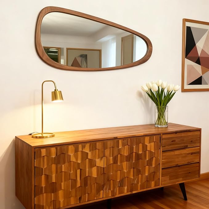 22‘’x48'' Asymmetrical Mirror with Wood Frame, Small Irregular Wall Odd Shaped Mid Century Modern Mirror Christmas Decor for Bedroom Living Room Entryway Hall (Wood)