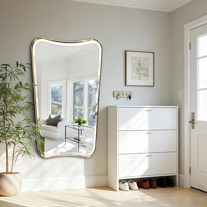 POZINO Irregular Beveled Mirrors, 24"x40" Brushed Gold Vanity Mirror for Over Sink, Brass Unique Shaped Mirrors Decorative, Rectangle Wall Mirror for Bathroom Living Room Bedroom Hallway Entryway