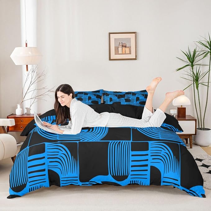 Erosebridal Black And Blue Duvet Cover Toddler Size For Boys Bohemian Geometric Bedding Set Mid Century Abstract Comforter Cover For Kids Teens Youth Women Boho Stripes Minimalist Bed Sets, Breathable