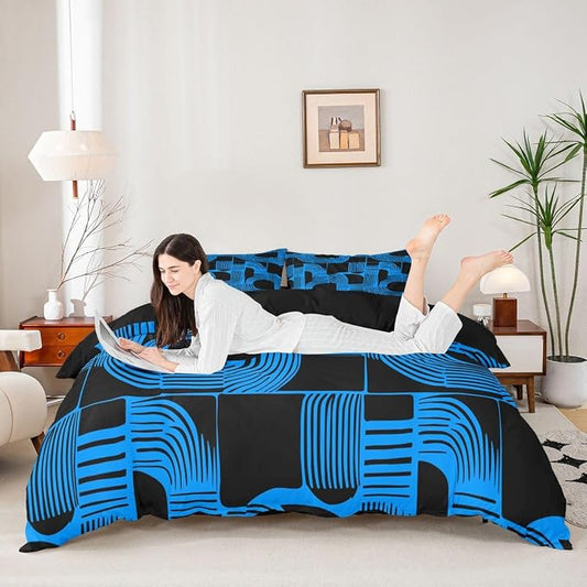 Erosebridal Black And Blue Duvet Cover Toddler Size For Boys Bohemian Geometric Bedding Set Mid Century Abstract Comforter Cover For Kids Teens Youth Women Boho Stripes Minimalist Bed Sets, Breathable