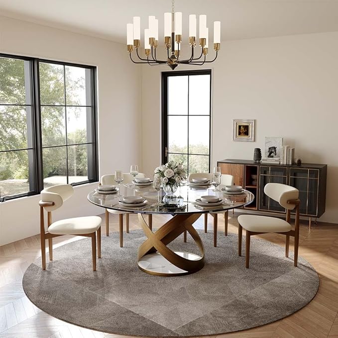 POVISON 59" Modern Round Dining Table, Glass Round Kitchen Table for 6, Glass Dining Room Table Top with Bronze X Carbon Steel Base for Dining Room (Dining Table Only)