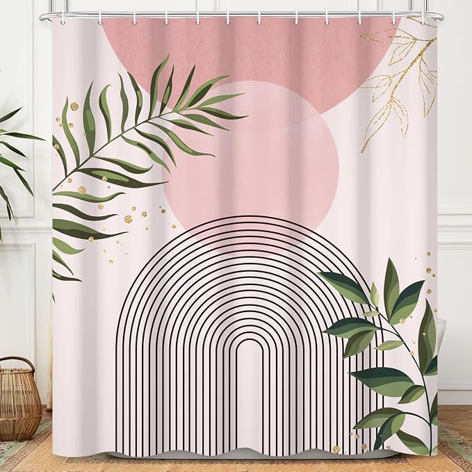 Boho Mid Century Shower Curtain, Pink Modern Minimalist Abstract Geometric Sage Green Gold Plant Leaves Sun Arch Bathroom Curtains Waterproof Fabric Buthtub Curtain Set with Hooks 66" Wx72 L