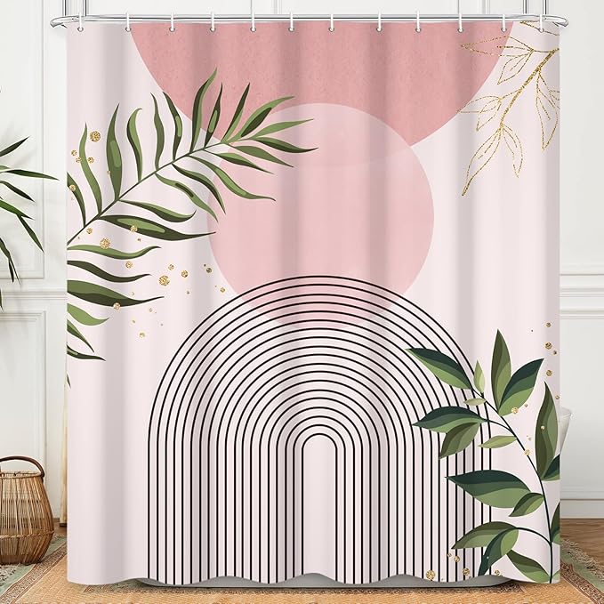 Boho Mid Century Shower Curtain, Pink Modern Minimalist Abstract Geometric Green Gold Plant Leaves Sun Arch Bathroom Curtains Waterproof Fabric Buthtub Curtain Set with Hooks 48" Wx72 L