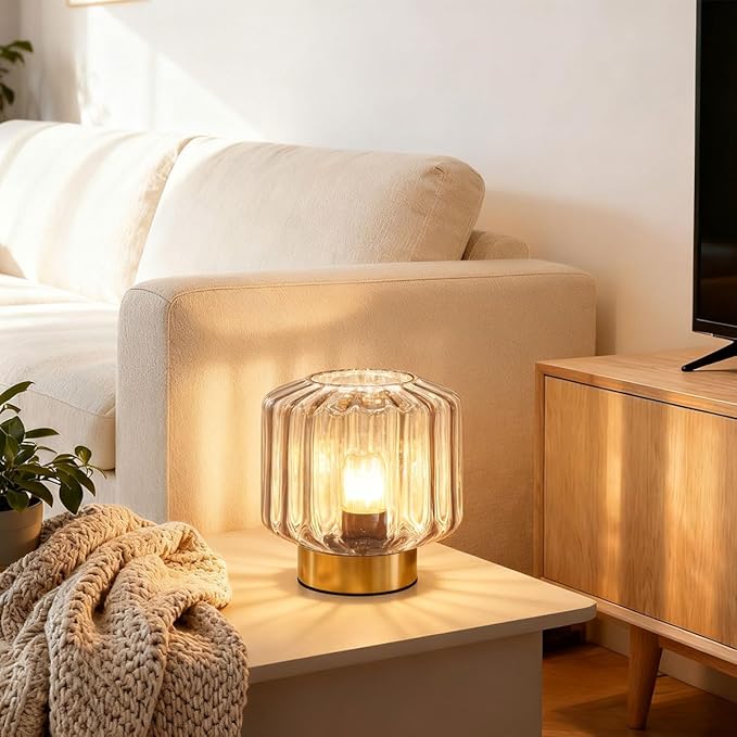 Mid Century Table lamp of 2 Small Table Lamps with Touch Switch Amber Glass Table lamp Gold Desk lamp Modern nightstand lamp Bedside Table Lamps for Bedroom Living Room Office