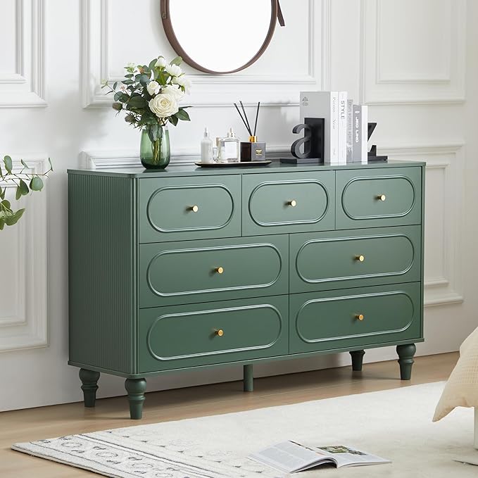 ORRD Fluted 7 Drawer Dresser for Bedroom, Mid Century Modern Chest of Drawers, Wood Storage Large Dresser Organizer for Bedroom Living Room Hallway Closet, Green