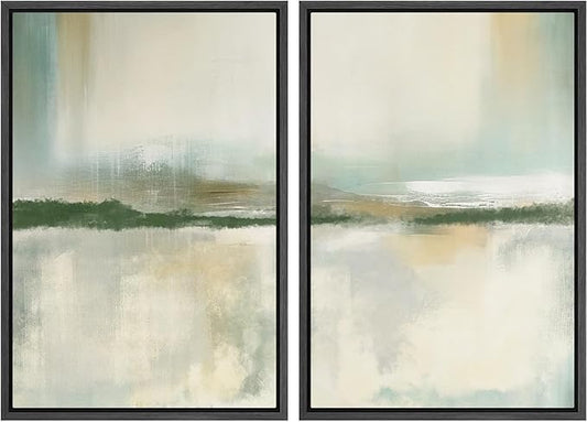IDEA4WALL Framed Canvas Print Wall Art Set Serene Lake Landscape Abstract Illustrations Modern Art Decorative Coastal Cottage Seascape for Bedroom - 24"x36"x2 Black