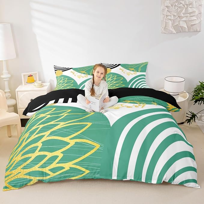 Erosebridal Turquoise Boho Modern Duvet Cover King Size for Women Men Adults - Mid Century Abstract Comforter Cover Bohemian Geometric Bedding Set Chic Contemporary Stripes Bed Set