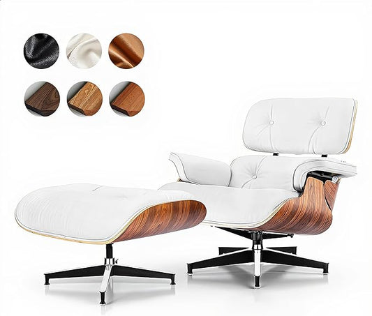 Top Grain Leather, Mid Century Chaise Lounge Chair and Ottoman, Modern Chair Classic Design, Heavy Duty Base Support for Living Room Study Lounge Office, Palisander-White, Heightening