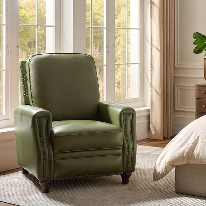 HULALA HOME Genuine Leather Recliner Chair, Classic Push Back Recliner Armchair with Thick Seat and Backrest (Olive)