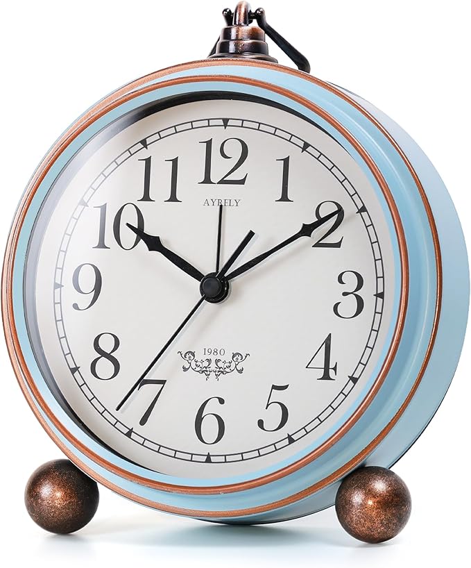 AYRELY® 5.3" Vintage Analog Alarm Clock, Battery Operated Metal Desk Clock, Retro Table Clock with Light for Living Rooms, Bedrooms, Shelf, Home Decor(Light Blue)