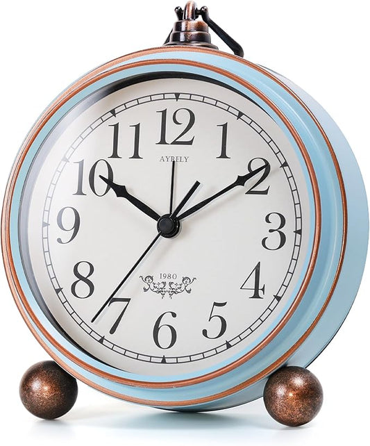 AYRELY® 5.3" Vintage Analog Alarm Clock, Battery Operated Metal Desk Clock, Retro Table Clock with Light for Living Rooms, Bedrooms, Shelf, Home Decor(Light Blue)